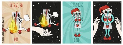 Set Retro poster with weird Cartoon thermometer in trendy Rubber Hose style. Weather character. Vector illustration can used forecast sign, web and social media banner and print. EPS 10 
