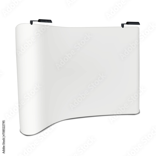 Curved trade show display with LED lights realistic mock-up. Trade show backdrop banner stand vector mockup