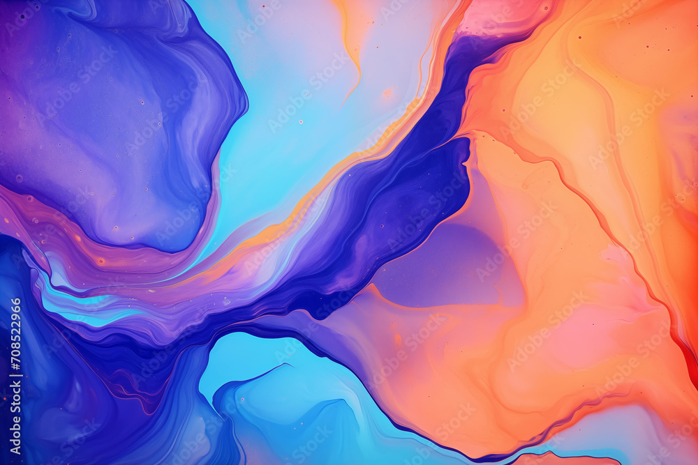 Vibrant and abstract background featuring fluid art. Trendy neon gradient in orange with a marble effect in purple, orange and blue. Bright stylish backdrop for websites, postcards.  