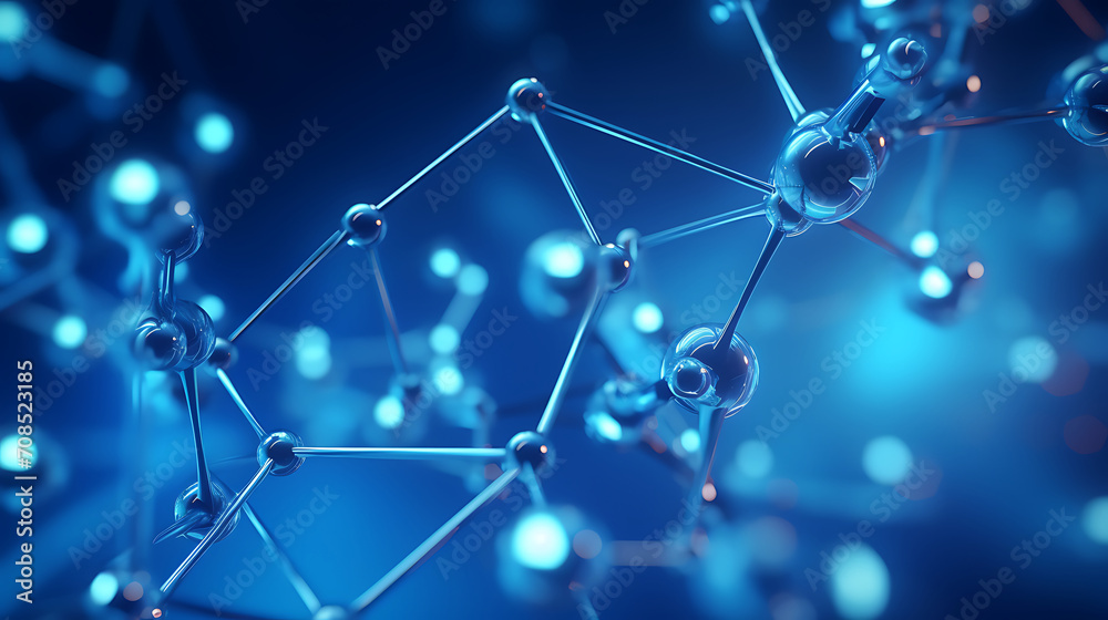 Blue molecule atoms on liquid serum background. DNA Model Structure Atoms background Medical. 3d rendering - obrazy, fototapety, plakaty 