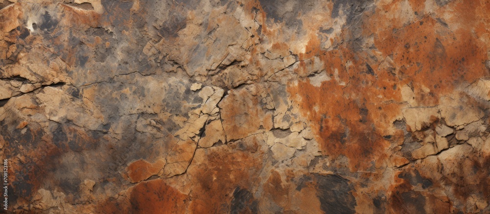 Fototapeta premium A flat stone surface with rusty appearance, dark inclusions, and chipped remnants.
