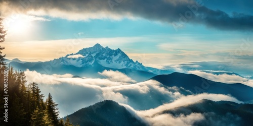 Picturesque scenery of silhouettes of high mountains covered with thick clouds under sunset sky and forest covered highland hills under it. AI