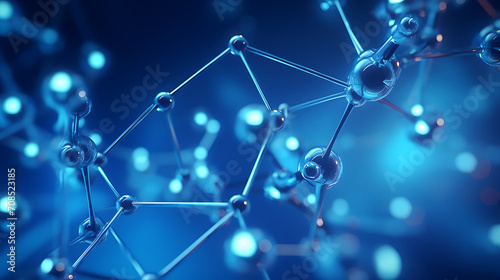 Blue molecule atoms on liquid serum background. DNA Model Structure Atoms background Medical. 3d rendering
