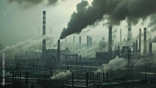 Big factory pollute air. Industrial plant smoke. Climate change global warming concept. Environmental issues problems. Toxic smog from plant. Dirty steam. Gray stinking city. Ecological catastrophe.