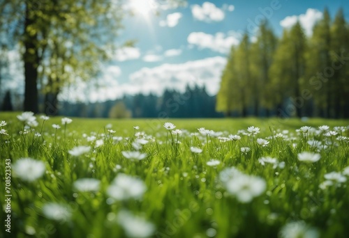 Beautiful blurred background image of spring nature with a neatly trimmed lawn surrounded by trees a
