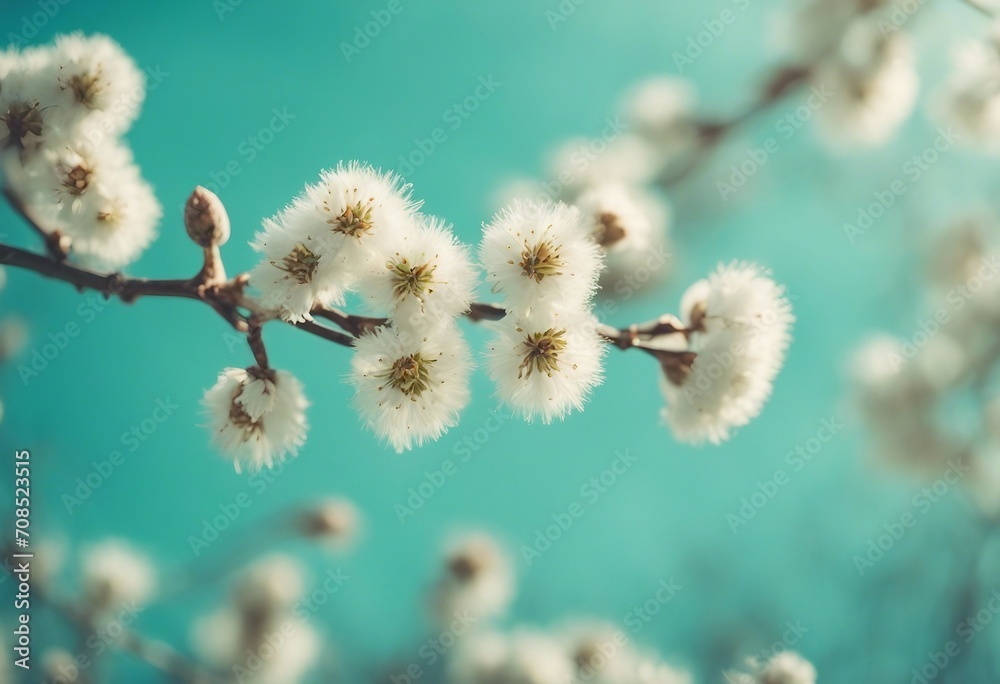 Blooming fluffy willow branches in spring close-up on nature macro with soft focus on turquoise blue Blooming fluffy willow branches in spring close-up on nature macro with soft focus on turquoise blue