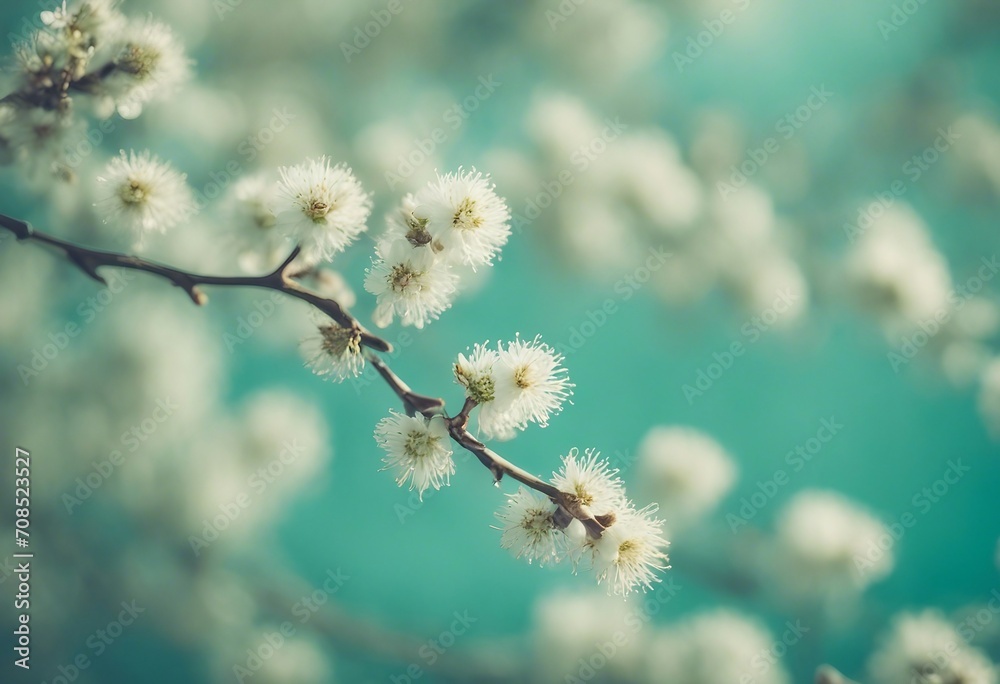 Blooming fluffy willow branches in spring close-up on nature macro with soft focus on turquoise blue