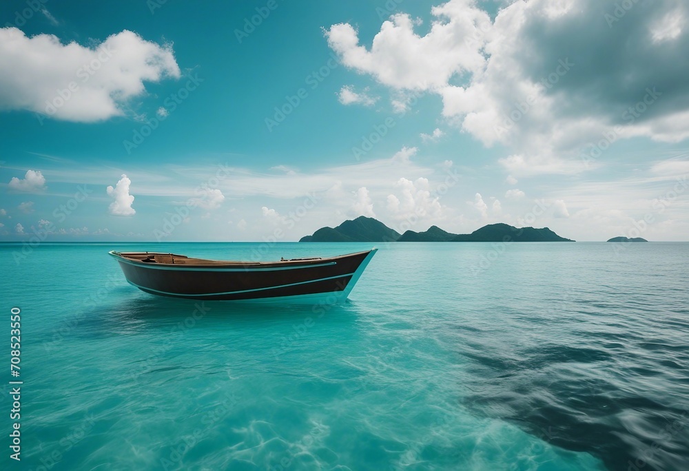Boat in turquoise ocean water against blue sky with white clouds and tropical island Natural landsca