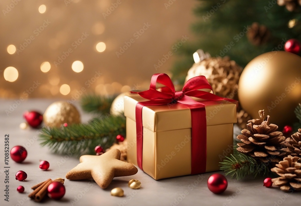 Christmas decoration composition on light gold background with beautiful Golden gift box with red ri