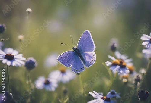 Beautiful wild flowers chamomile purple wild peas butterfly in morning haze in nature close-up macro