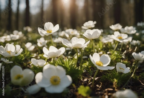 Beautiful white flowers of anemones in spring in a forest close-up in sunlight in nature Spring fore