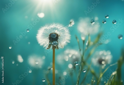 Dandelion Seeds in droplets of water on blue and turquoise beautiful background with soft focus in n