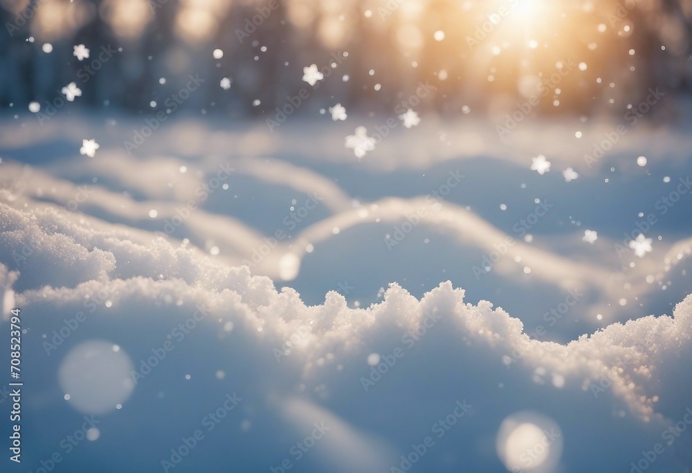 Winter snow background with snowdrifts with beautiful light and snow flakes on the blue sky beautifu
