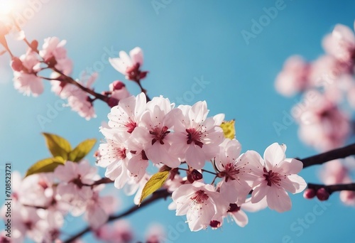 Spring banner branches of blossoming cherry against background of blue sky and butterflies on nature