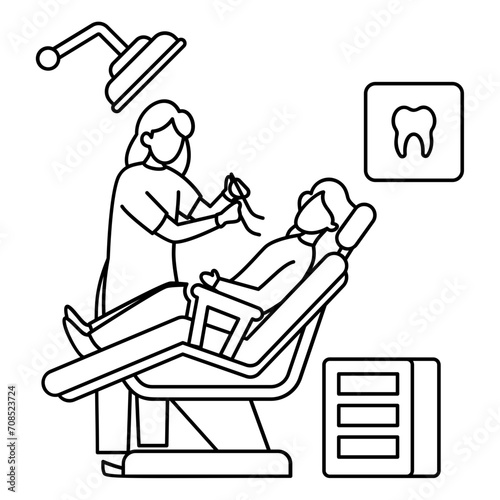 dental hygienist Concept, Young woman visiting dentist Vector outline Design, Medical and Healthcare Scene Symbol, Diseases Diagnostic Sign, Doctor and Patient Characters Stock Illustration