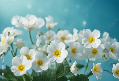 Spring forest white flowers primroses on a beautiful blue background macro Blurred gentle sky-blue b