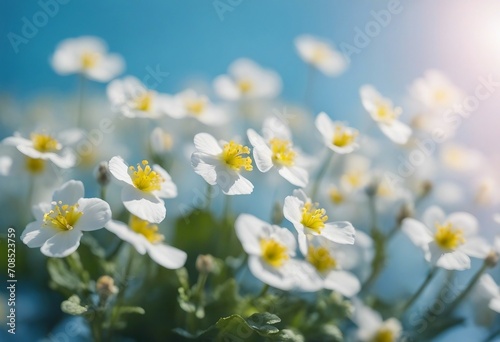Spring forest white flowers primroses on a beautiful blue background Macro Blurred gentle sky-blue b