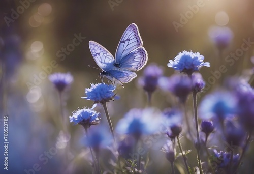 Wild light blue flowers in field and two fluttering butterfly on nature outdoors close-up macro Magi