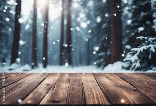 Winter christmas scenic landscape with copy space Wooden flooring strewn with snow in forest with fi