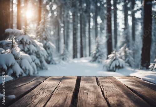 Winter christmas scenic landscape with copy space Wooden flooring strewn with snow in forest with fi