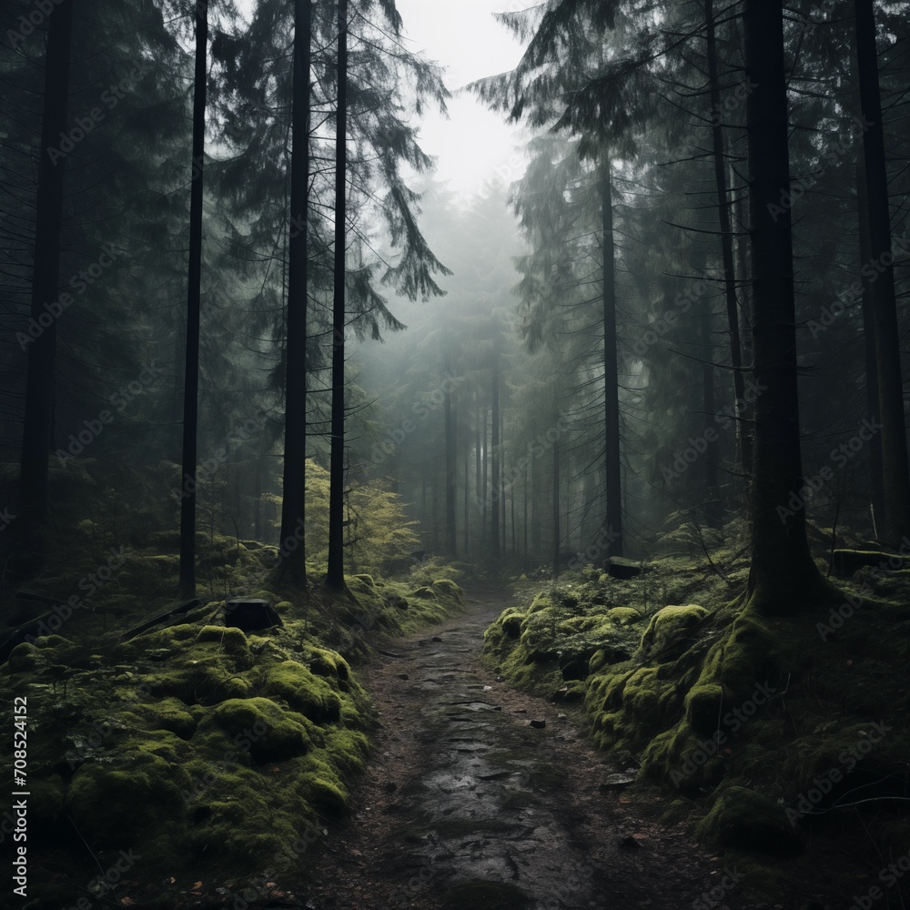 road in the forest, trees, fog, dark lighting, artistic photo