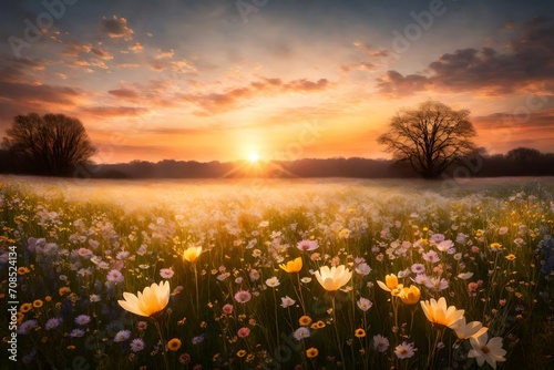 A serene Easter sunrise over a field of wildflowers, symbolizing the renewal of spring. © pick pix