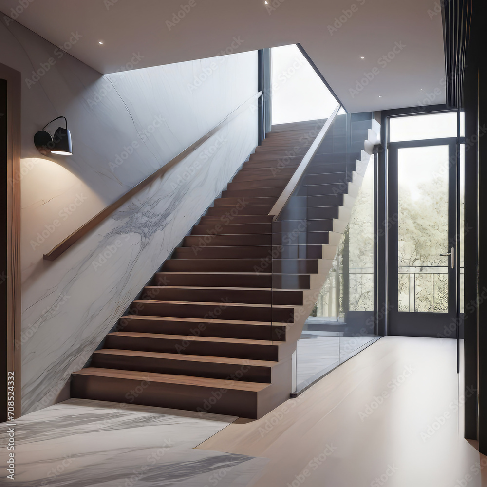 Loft interior design of a modern hallway with a staircase and an armchair near a marble (stone) wall with copy space, modern home design, Loft interior design of a modern hallway with a staircase and an armchair near a marble (stone) wall with copy space, modern home design,
