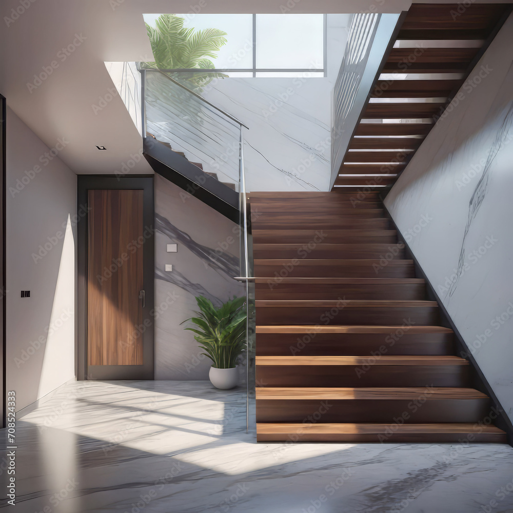Loft interior design of a modern hallway with a staircase and an armchair near a marble (stone) wall with copy space, modern home design, Loft interior design of a modern hallway with a staircase and an armchair near a marble (stone) wall with copy space, modern home design,