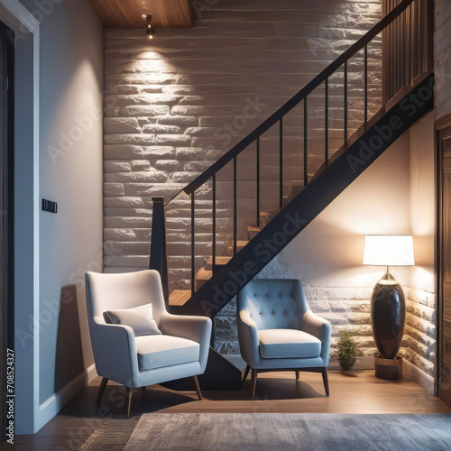Loft interior design of a modern hallway with a staircase and an armchair near a marble (stone) wall with copy space, modern home design, © Perecciv