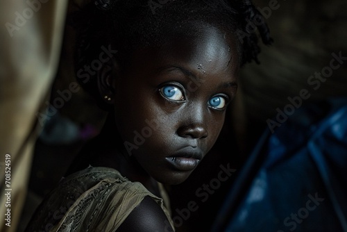 african american, homeless child living in poverty and hunger in economically poor world photo