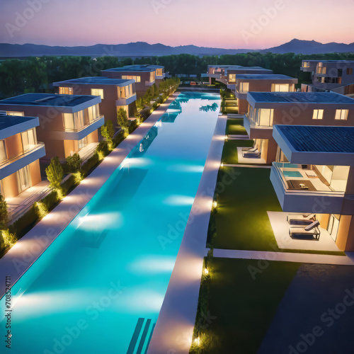 Evening street with high-tech houses with swimming pools and scenic lighting, concept of living in a high-tech house © Perecciv