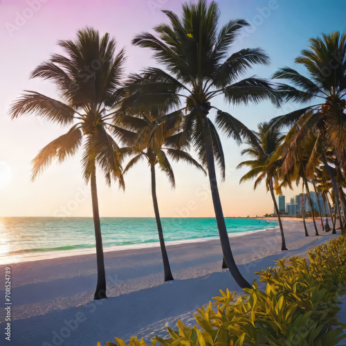 Colorful beach view of Miami South Beach Ocean Drive  Palm trees and colorful beach view of Miami South Beach Ocean Drive 