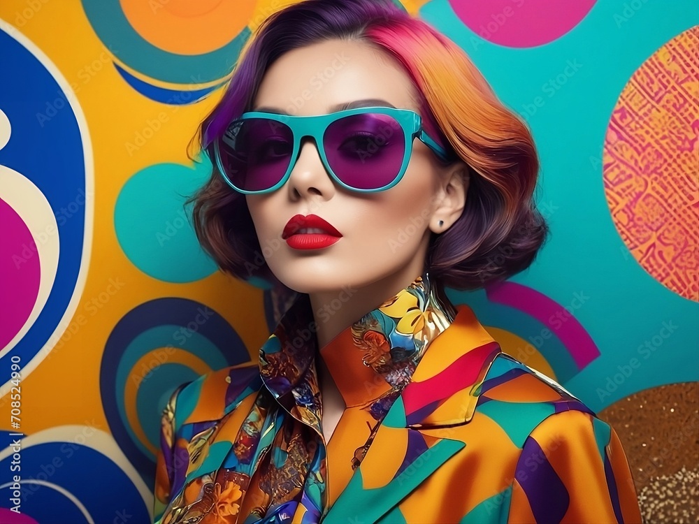 Beautiful model with sunglasses,in vibrant background.