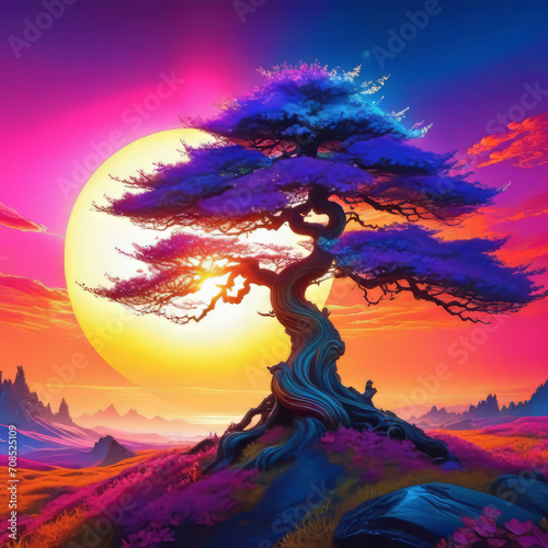 Fantastic tree in bright colors in painting style, vector graphics, wall painting,