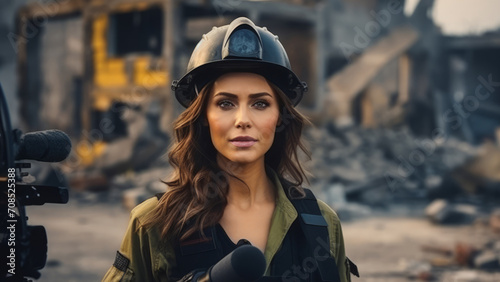 A female military correspondent in a helmet and bulletproof vest is reporting from the scene, telling the news about the war against the background of destroyed buildings.