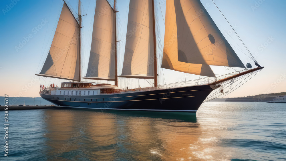 Fototapeta premium Sailing ship in the harbor at sunset. Generative AI