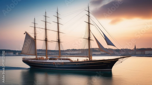 Sailing ship in the harbor at sunset. Generative AI