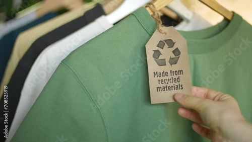 t-shirts made of recycled and upcycled materials. colorful clothes on hangers, recycled cotton. sustainable fashion concept, eco fashion. environmental problems, small business photo