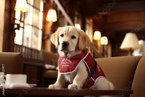 Golden retriever puppy in a service dog vest sits in a cozy hotel lobby