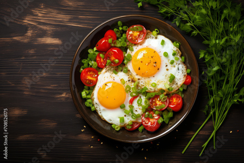 fried eggs with red tomatoes and fresh green onions. view from above. a dark wooden table. food made from chicken eggs and vegetables.