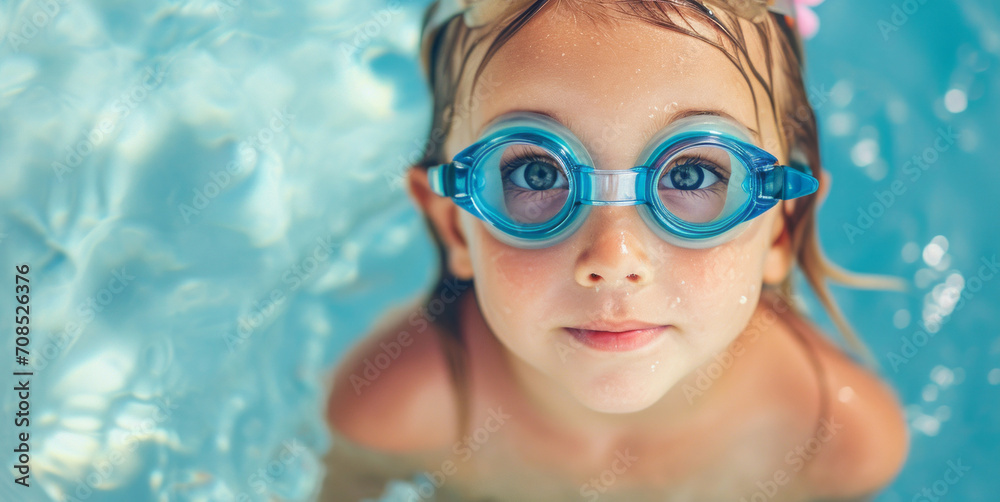 Naklejka premium A little swimmer, a girl swims in the pool with goggles for swimming above the water. portrait of a contented child. water treatments, a kind of sport.