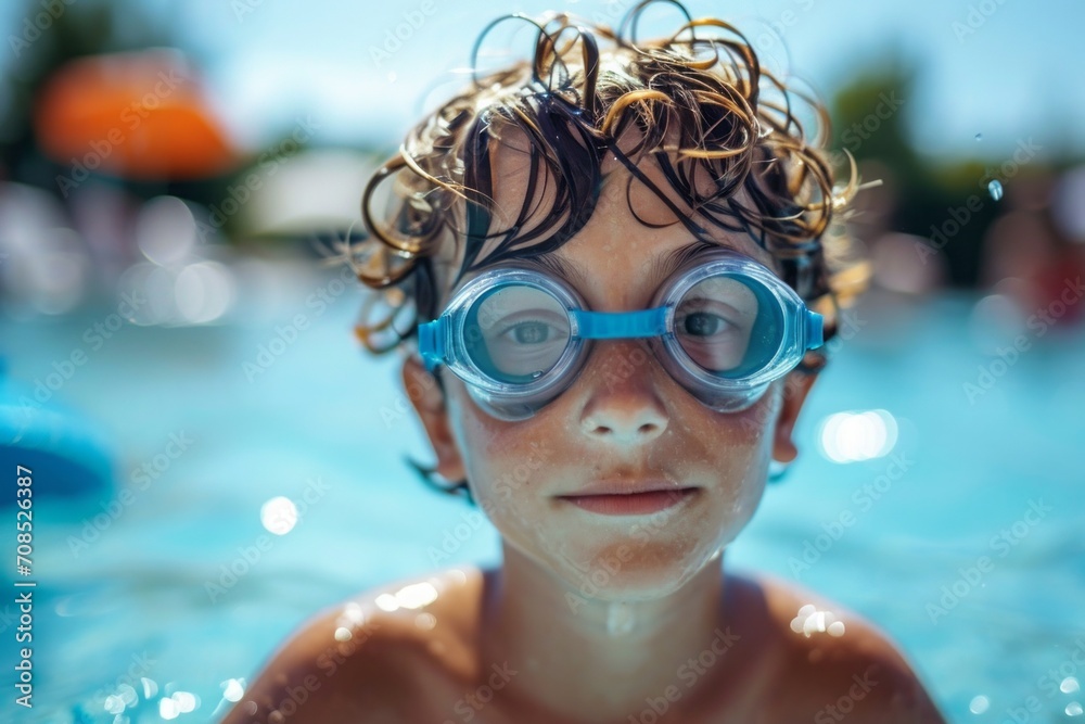 A little swimmer, a boy swims in the pool with goggles for swimming above the water. portrait of a contented child. water treatments, a kind of sport.