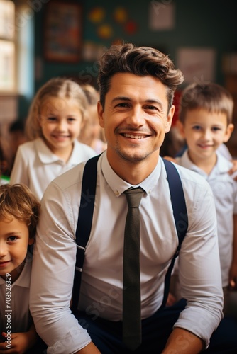 Happy male teacher posing with his students in the classroom