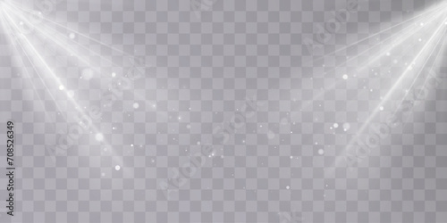 Bright white lighting with spotlights, projector light effects with spot light isolated on transparent background with bokeh and flare effect.