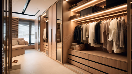 Modern luxury style warm wood walk in closet, minimal walk in wardrobe dressing room interior.