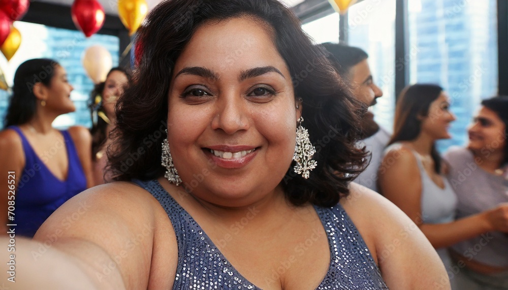Obraz premium A plus size woman taking selfie in a party and smiling, body positivity movement, body acceptance and self esteem