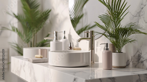 White marble countertop and round washbasin modern luxury restroom interior design, spa like bathroom.