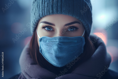 Woman wear a medical mask on blurred dowtown city background, air pollution and epidemic concept. photo