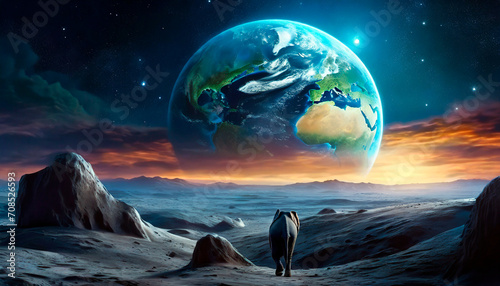 Fototapeta Naklejka Na Ścianę i Meble -  Lunar landscape with the earth in the distance with a wonderful sunset and an elephant walking towards the earth planet alone. Artistic Image. Concept of life beyond our planet.