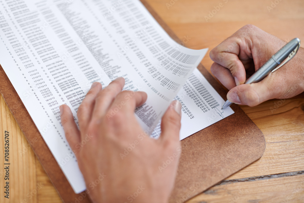 Fototapeta premium Hands, accountant and signature on business document, form validation or financial contract. Closeup, auditor writing and sign paperwork with pen in agreement, investment and deal at table in office